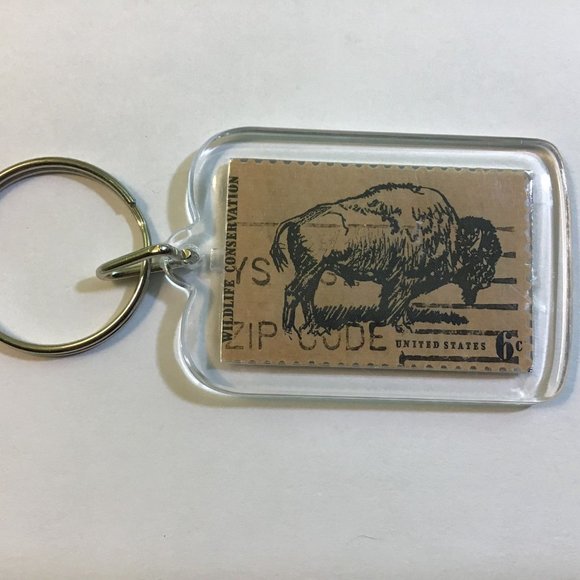 Buffalo Keychain - Recycled Postage Stamp - Picture 2 of 8